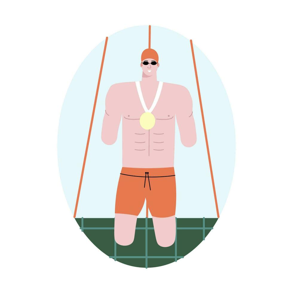 Three december world day of disabled people vector logo design. A man without arms and legs with a medal on his chest stands on the edge of the pool