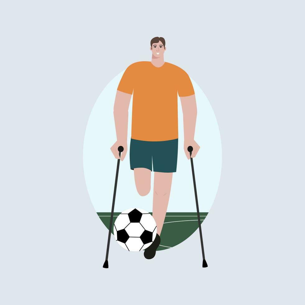 Tres diciembre mundo día de discapacitado personas vector logo diseño. un hombre sin un pierna en muletas obras de teatro fútbol americano