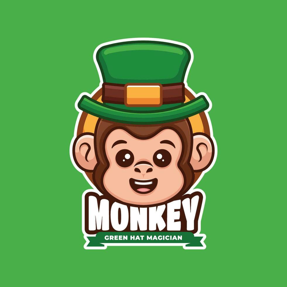 Monkey Green Hat Magician Cartoon Mascot Logo Design vector