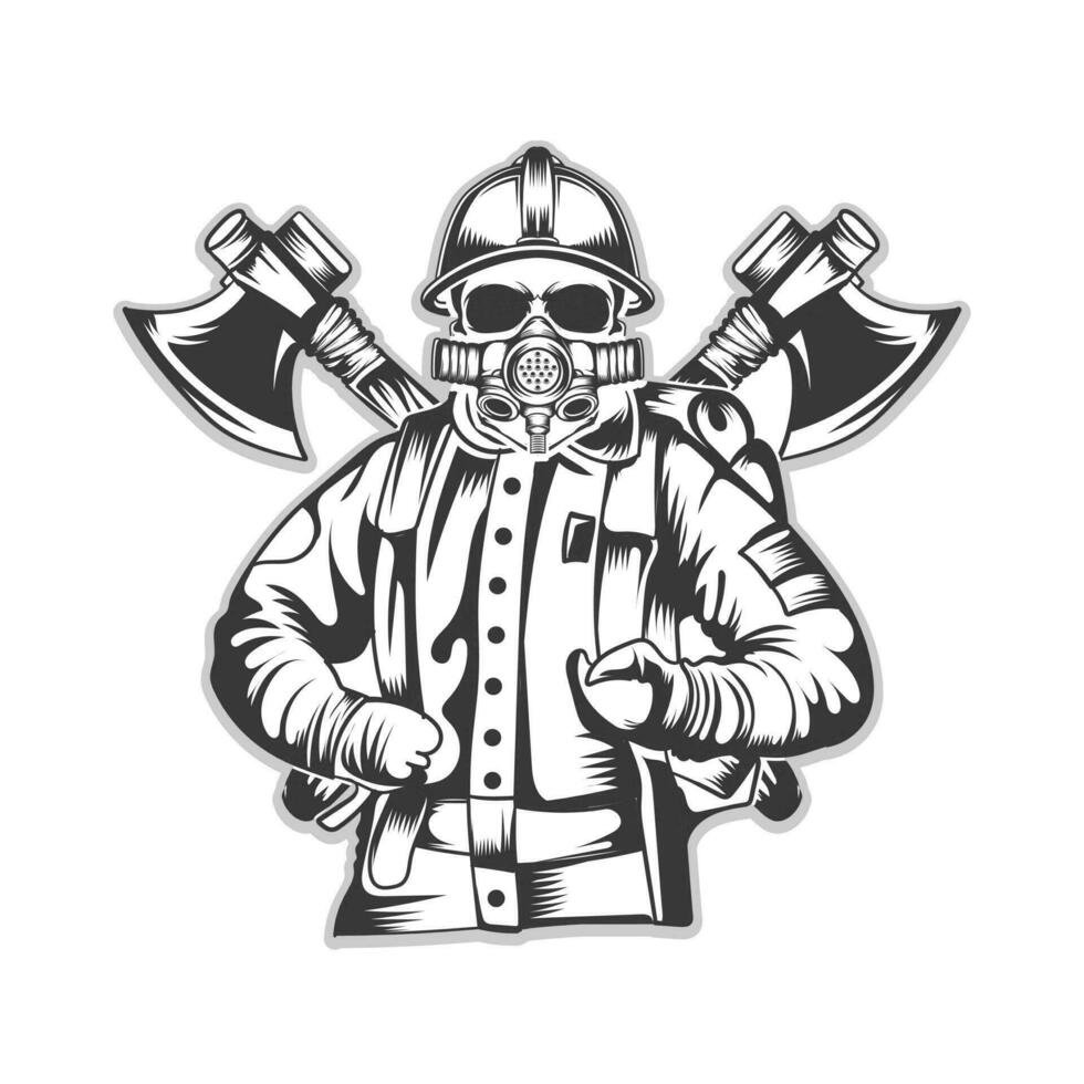 firefighter skull helmet vector with axe bundle