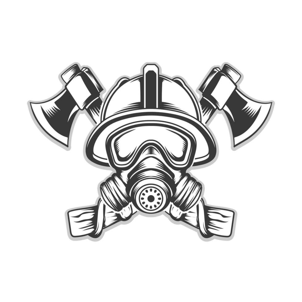 Firefighter mask with helmet background axe vector design illustration black and white graphic bundle