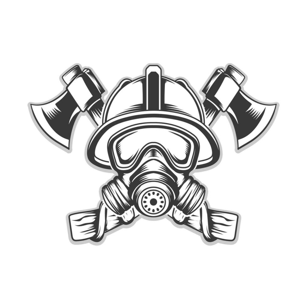 Firefighter mask with helmet background axe vector design illustration black and white graphic bundle