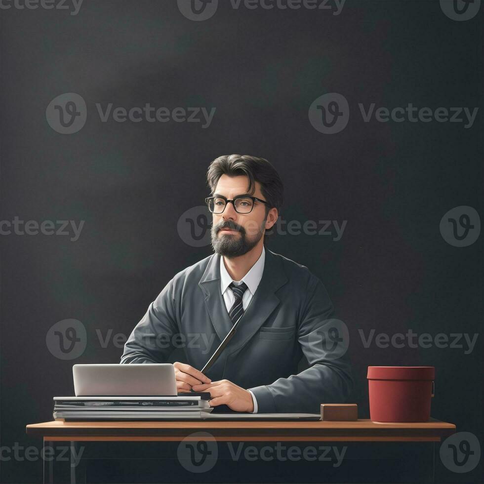 Teacher sitting In Front Of Blackboard photo