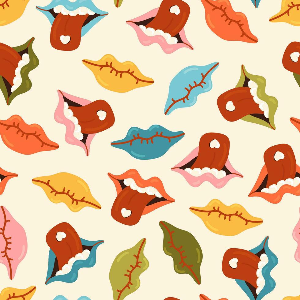Colorful open lips, teeth and tongue in mouth vector seamless pattern. Love Valentines Day Romantic texture background