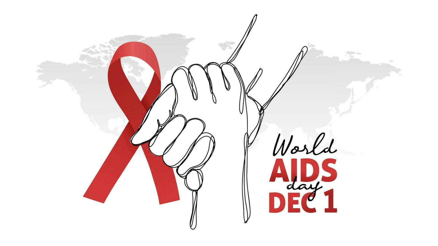 World Aids Day Banner With Hand Drawn Helping Hand Red Ribbon and World Map Background Illustration vector