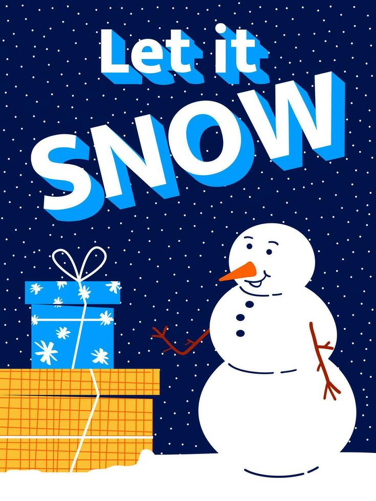 Colorful Christmas card with snowman and gifts in flat style. Blue background with snow.Poster with holiday text let it snow. vector