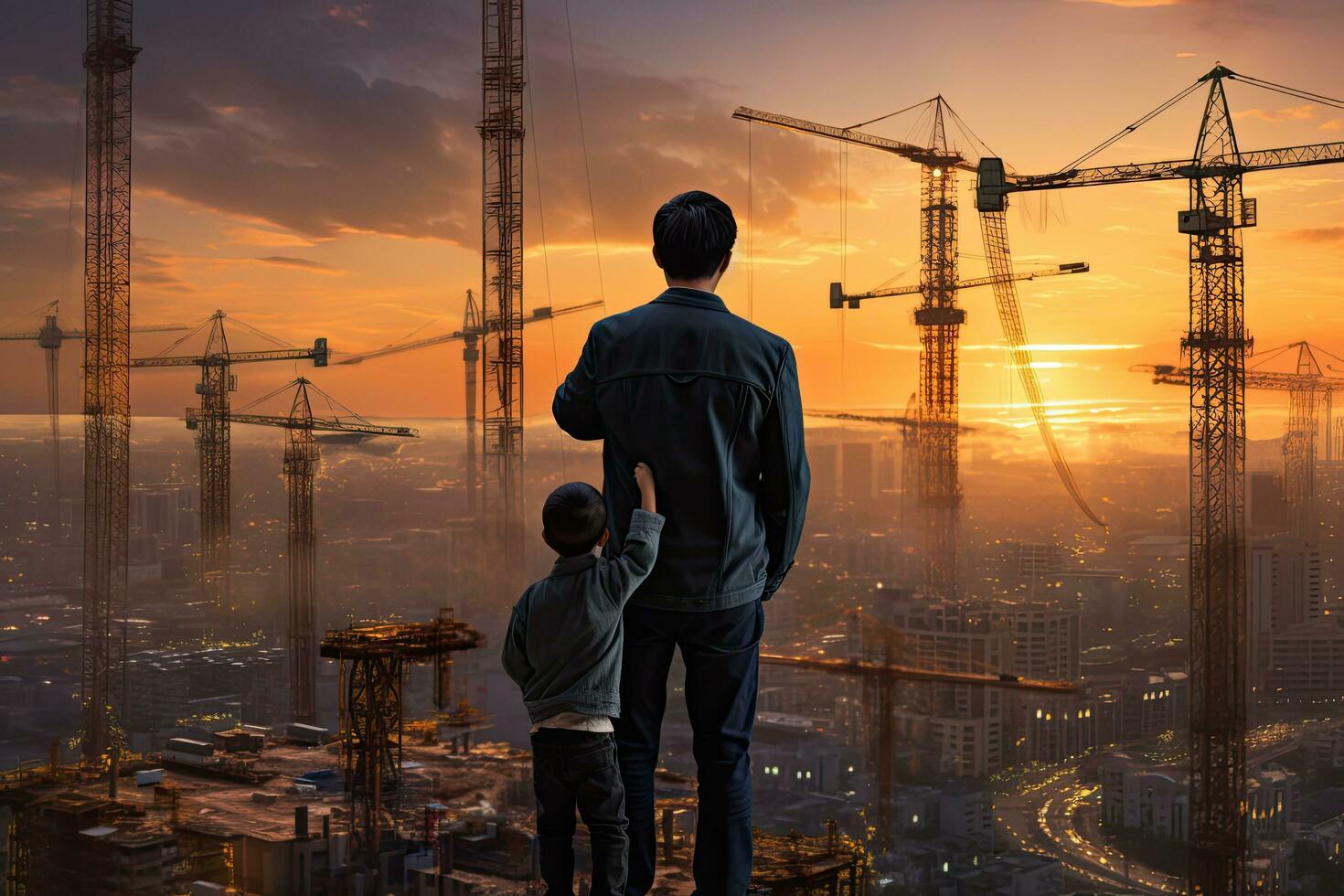 Silhouette of father and son looking at construction site at sunset, Asian boy on father's shoulders with background of new high buildings and construction cranes of evening sunset, AI Generated photo