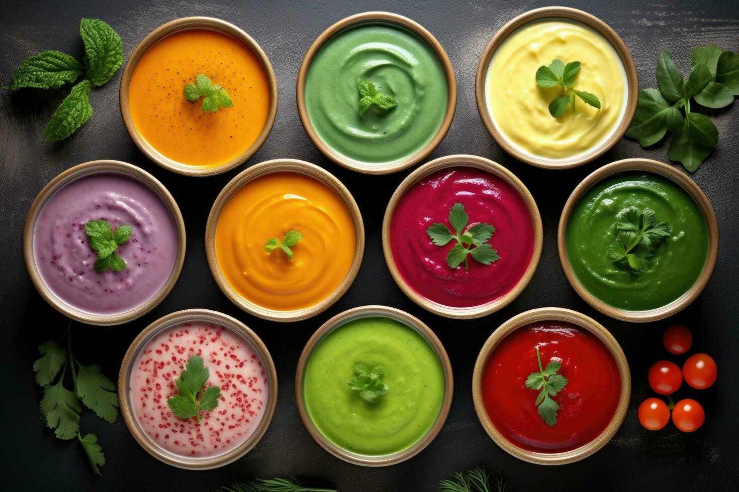 Colorful smoothies in bowls on black background, top view. Healthy food, Assortment of colored vegetable cream soups. Dietary food, AI Generated photo