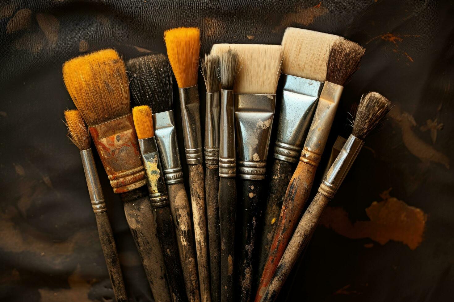 Paint brushes on a black background. Paint brushes on a black background. Artists corner, assorted dirty painting brushes, AI Generated photo