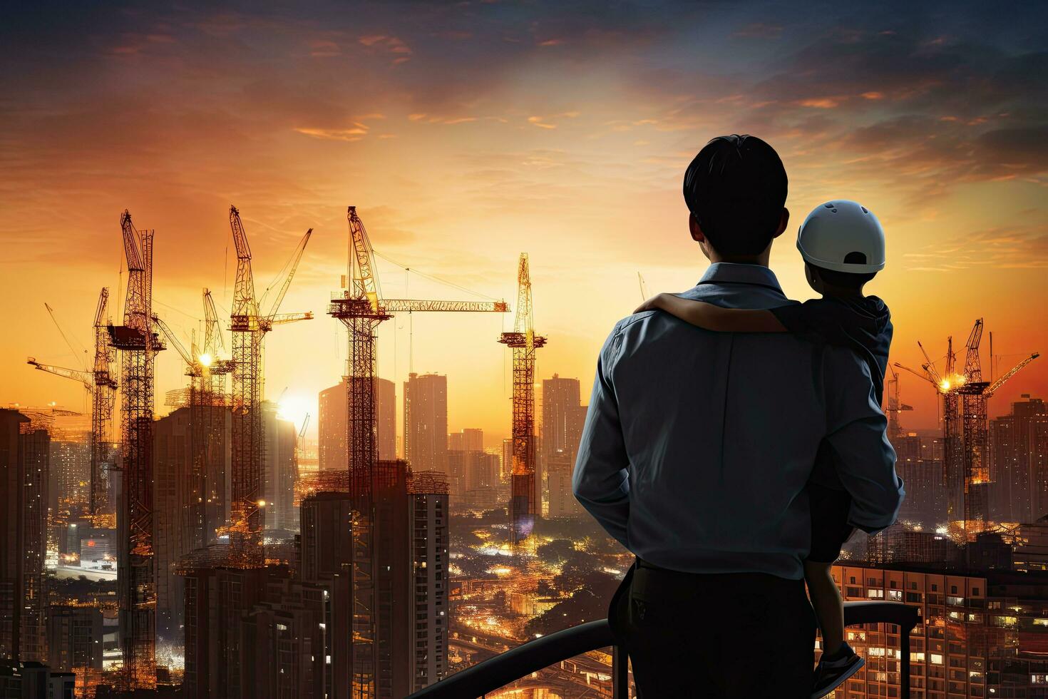 Businessman with safety helmet looking at construction site with building under construction, Asian boy on father's shoulders, photo