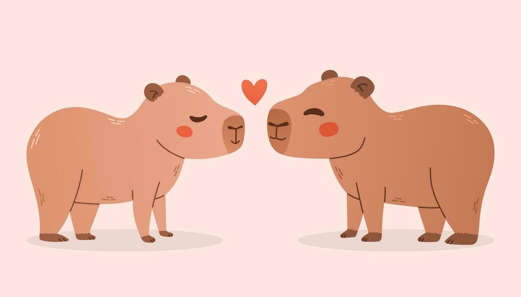 Capybaras in love. Vector illustration of two capibaras with heart on pink background. Print for card, tshirt design, poster.