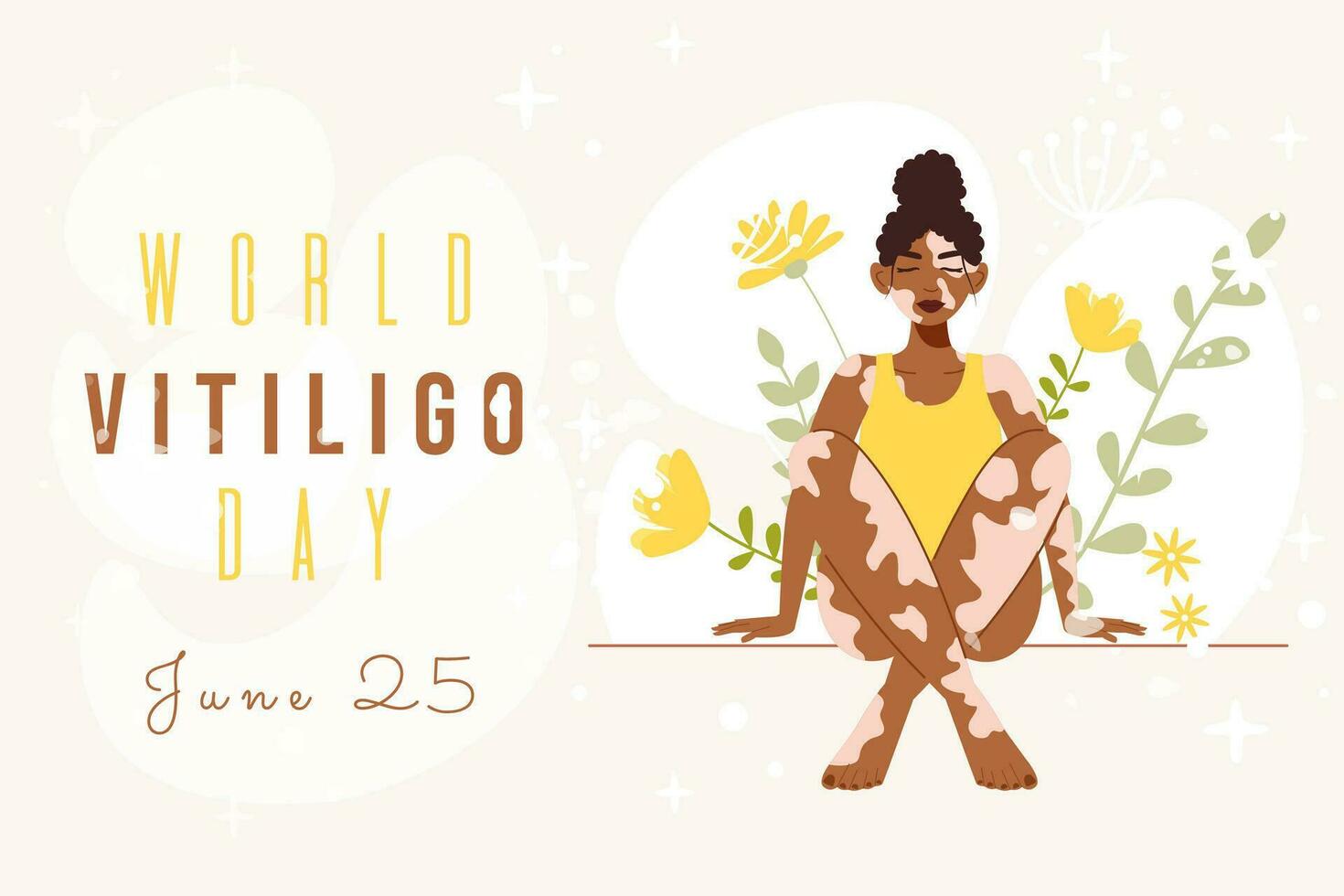 mundo vitiligo día. hermosa negro mujer con vitiligo en floral antecedentes. vector ilustración en plano dibujos animados estilo. concepto de yo amor y cuerpo positivo. Perfecto para bandera o póster