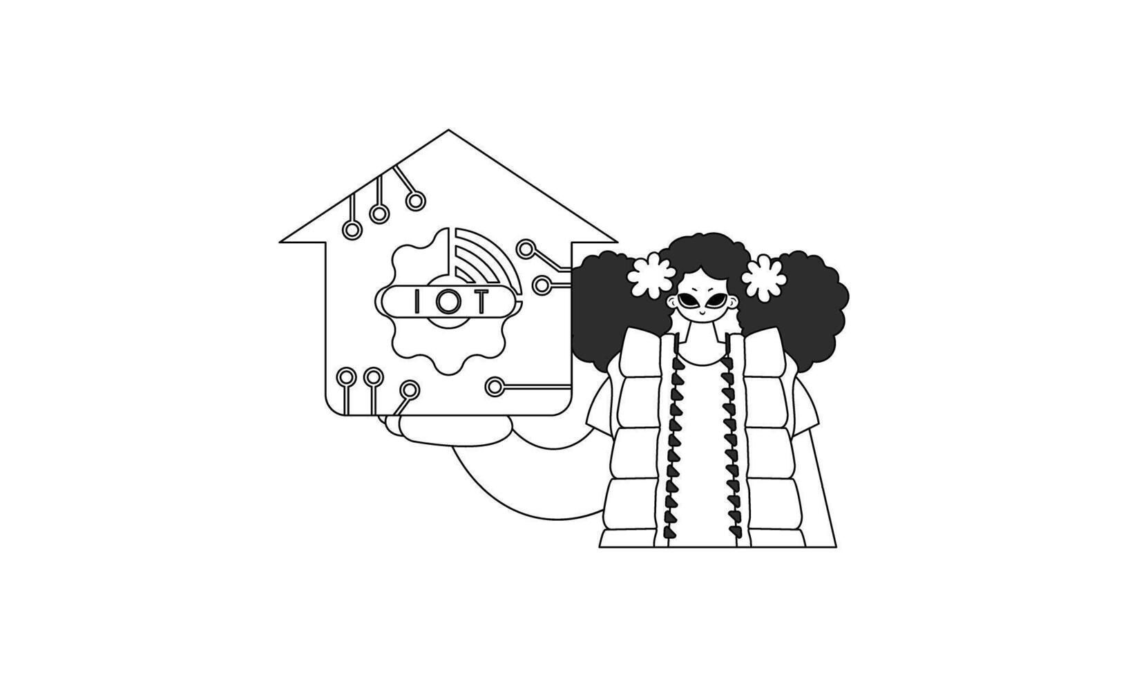 Girl grasps IoT logo in a vector linear style