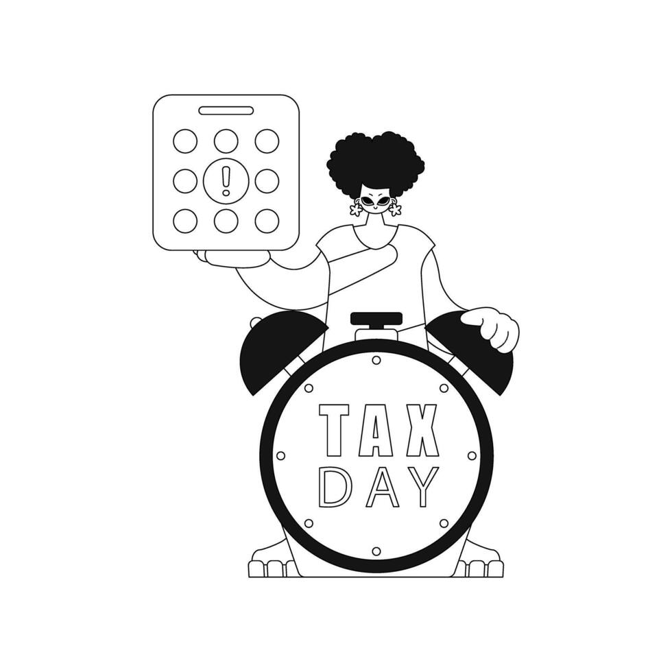 Girl holds calendar and alarm clock, symbolizing tax day. illustration in linear style. vector