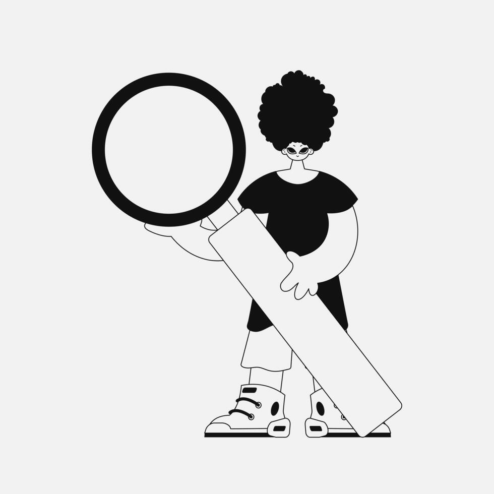 A stunning man is holding a magnifying glass, a loupe. Newspaper black and white style. vector