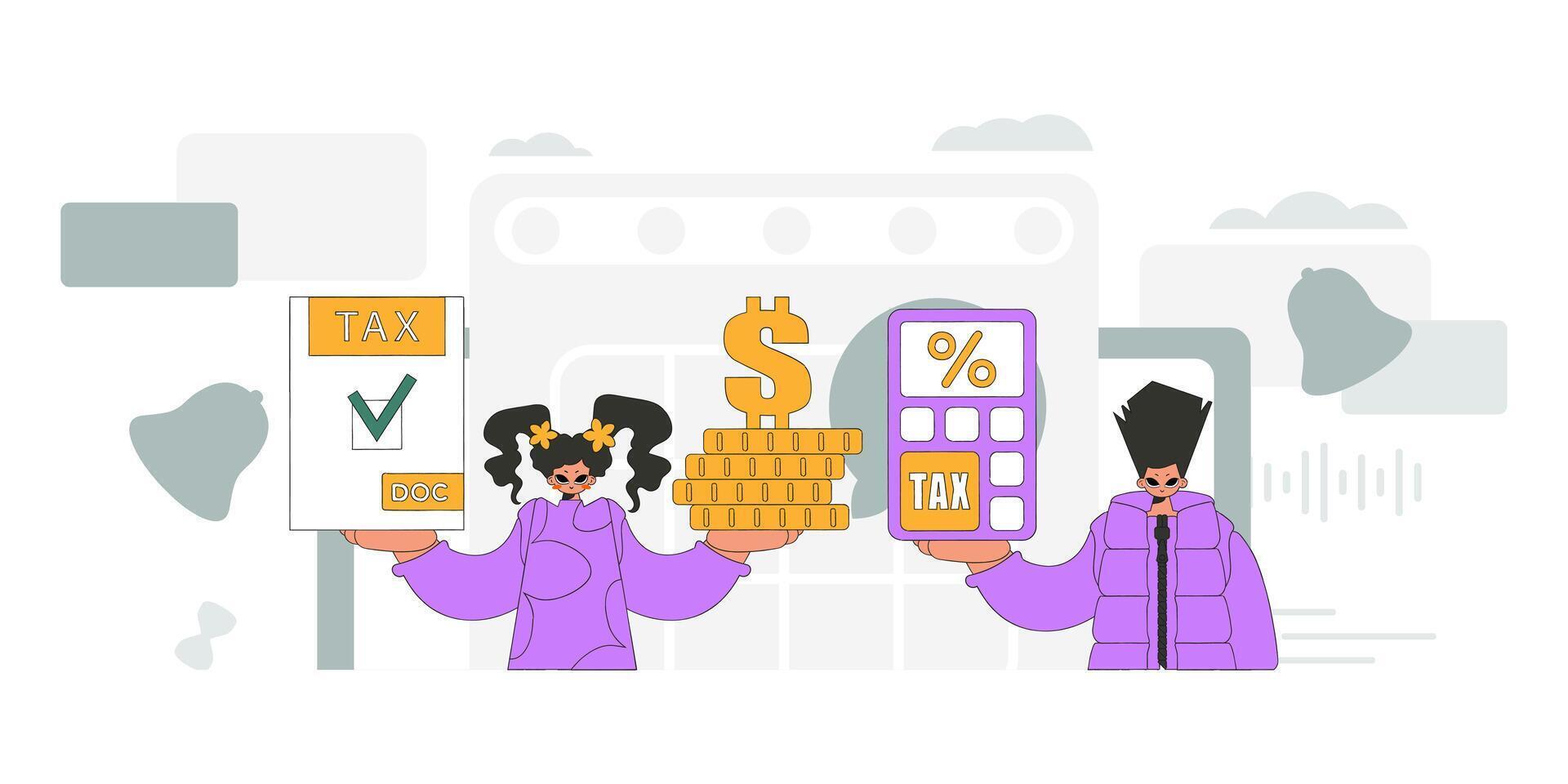 Fashionable girl and guy are engaged in paying taxes. An illustration demonstrating the correct payment of taxes. vector