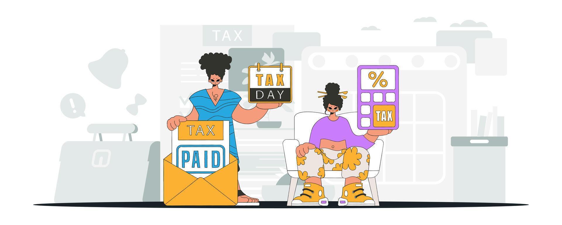 Elegant girl and guy demonstrate paying taxes. An illustration demonstrating the importance of paying taxes for economic development. vector