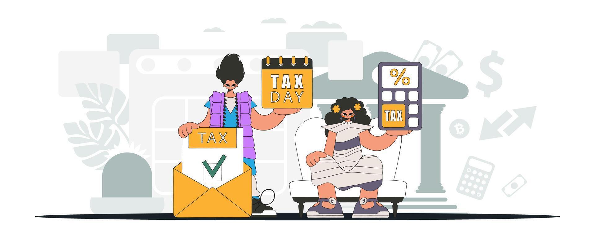 Fashionable guy and girl demonstrate paying taxes. An illustration demonstrating the importance of paying taxes for economic development. vector