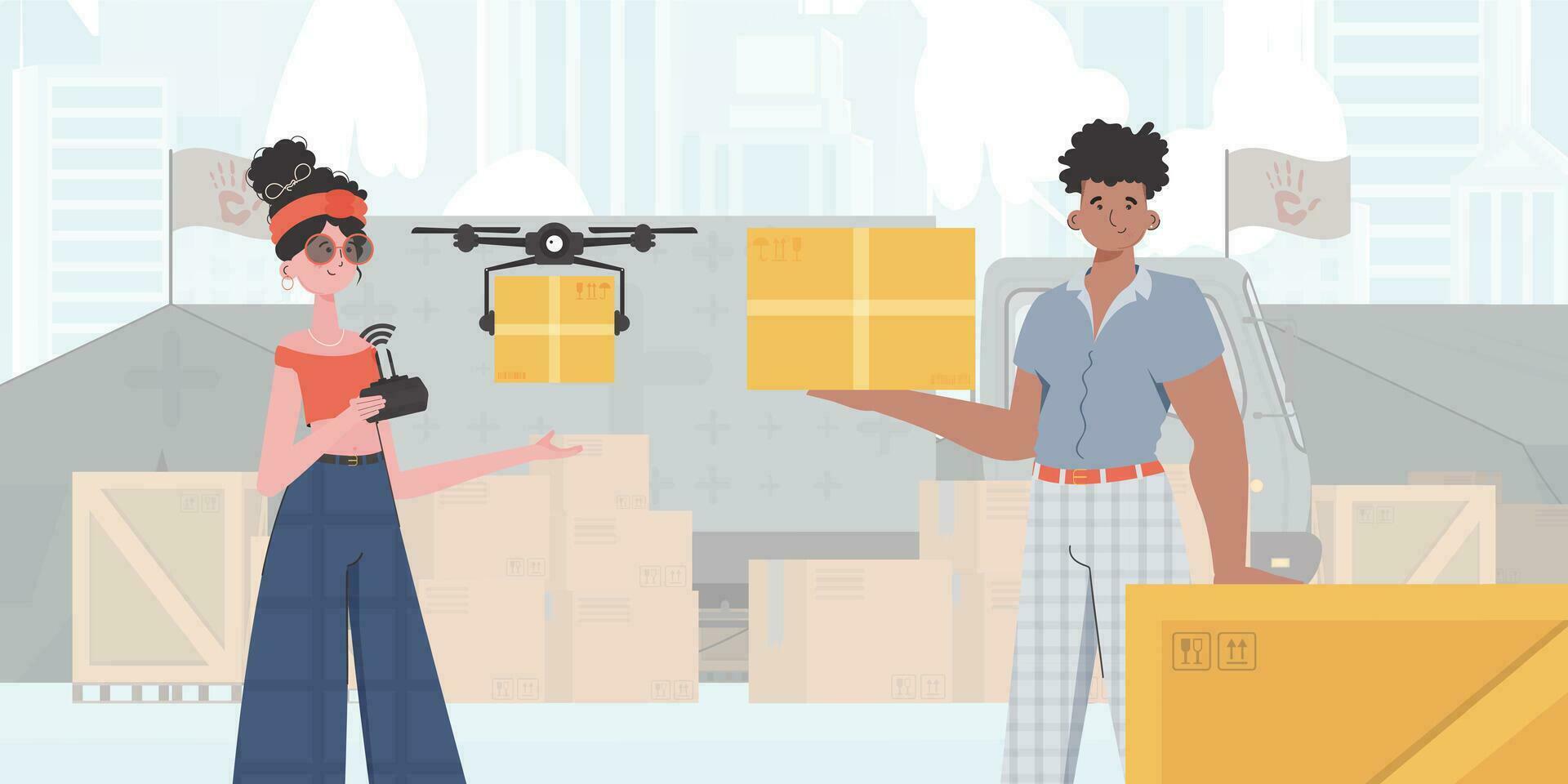 The theme of humanitarian aid. The drone is transporting the parcel. Man and woman with cardboard boxes. trendy style. Vector. vector