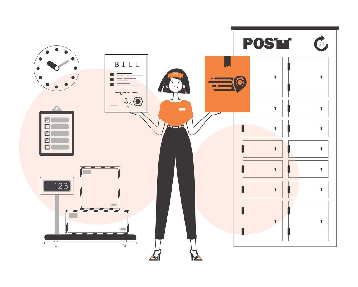 The girl holds a parcel and a check in her hands. Delivery concept. Linear trendy style. vector