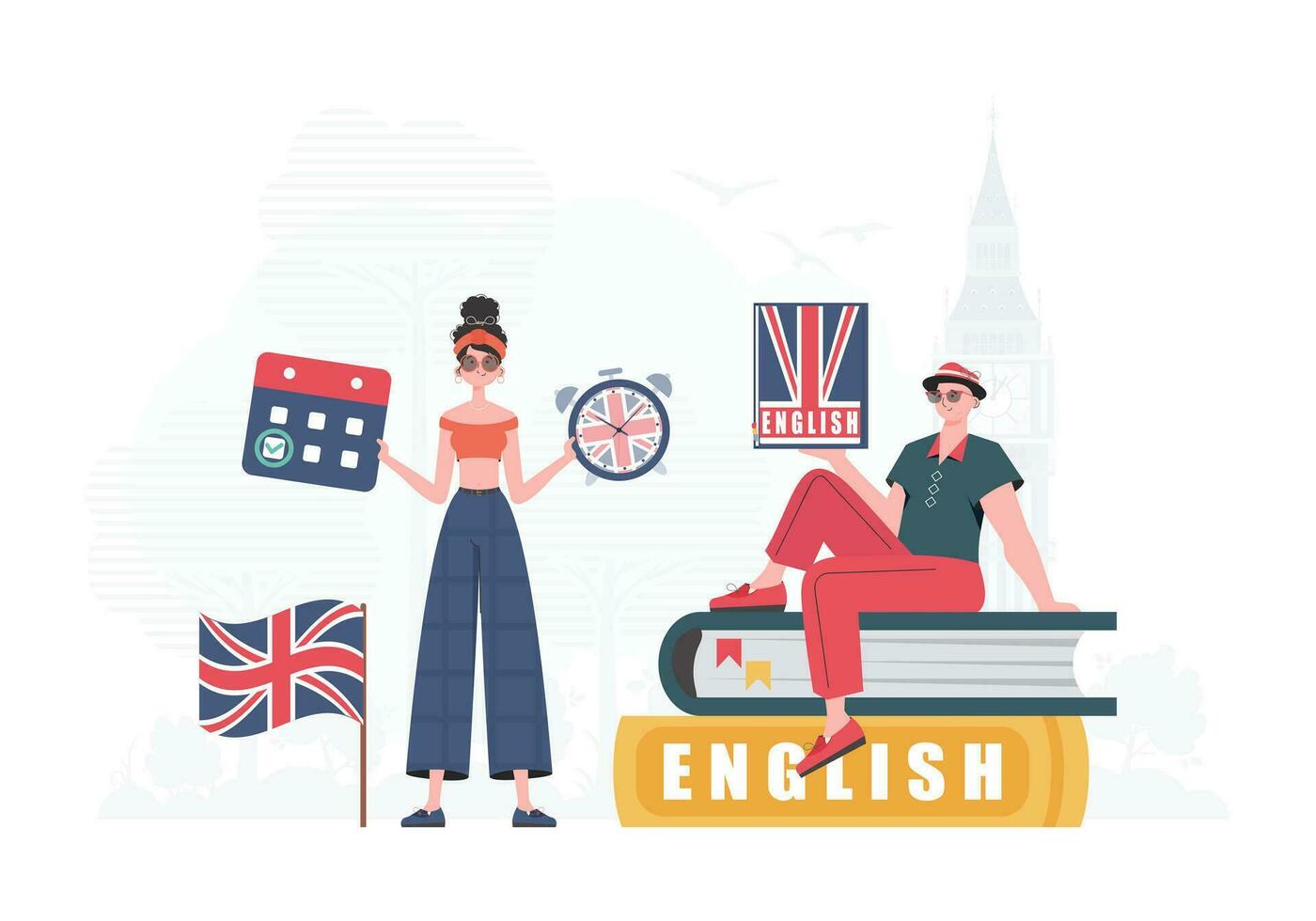 el concepto de aprendizaje inglés. mujer y hombre Inglés maestros de moda estilo. vector. vector