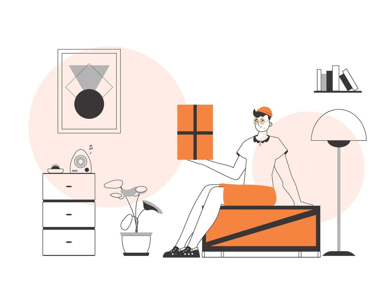 The boy is holding a parcel. The concept of the delivery of goods and parcels. Linear trendy style. vector