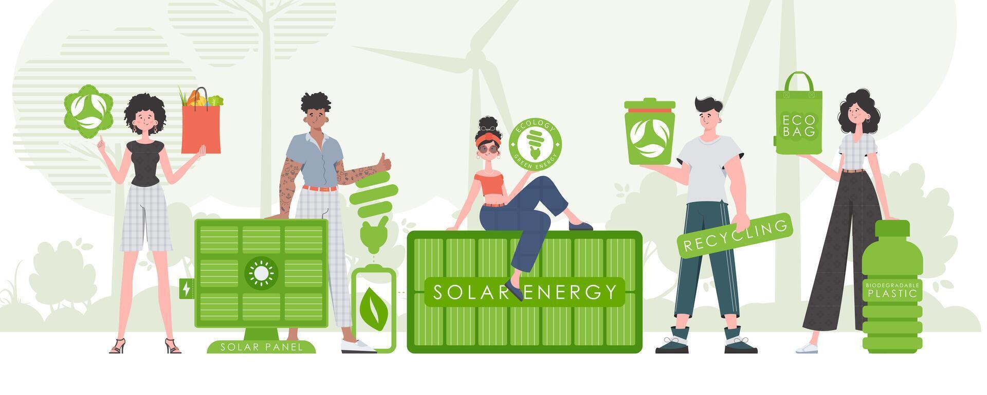 Caring for the environment. ECO friendly People. Fashion trend characters. . vector