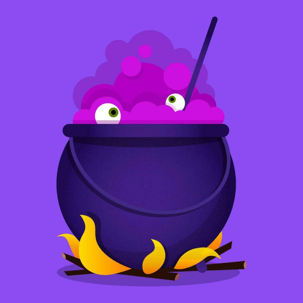 Cute cartoon pot with boiling pink potion and eyes in it vector