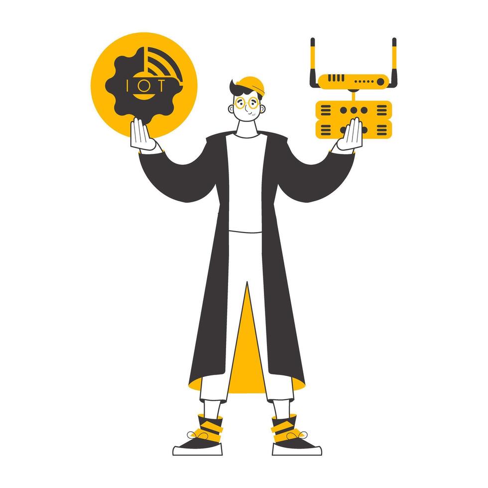A man holds the internet of things logo in his hands. Lineart style. Isolated. Vector. vector