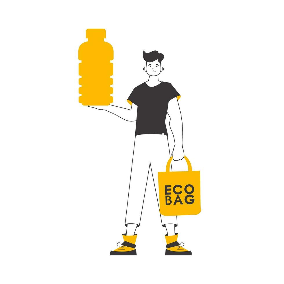 A man holds in his hands an eco bag and a bottle made of biodegradable plastic. The concept of reasonable consumption. Lineart trendy style. vector