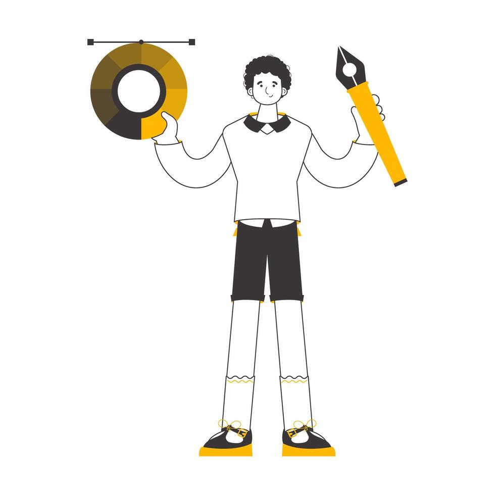 The designer guy holds a color wheel in his hands. Linear trendy style. Isolated. . vector