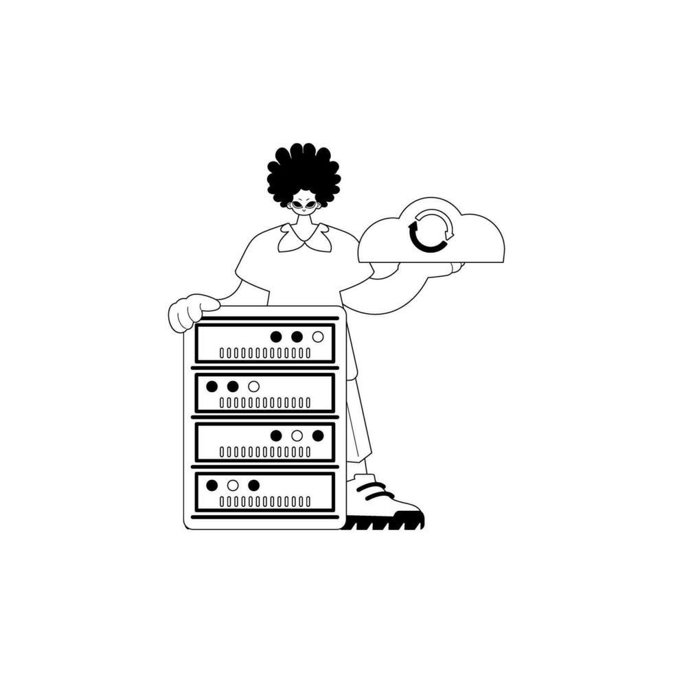 Man and server . Cloud storage theme . black and white channel art. Trendy style, Vector Illustration