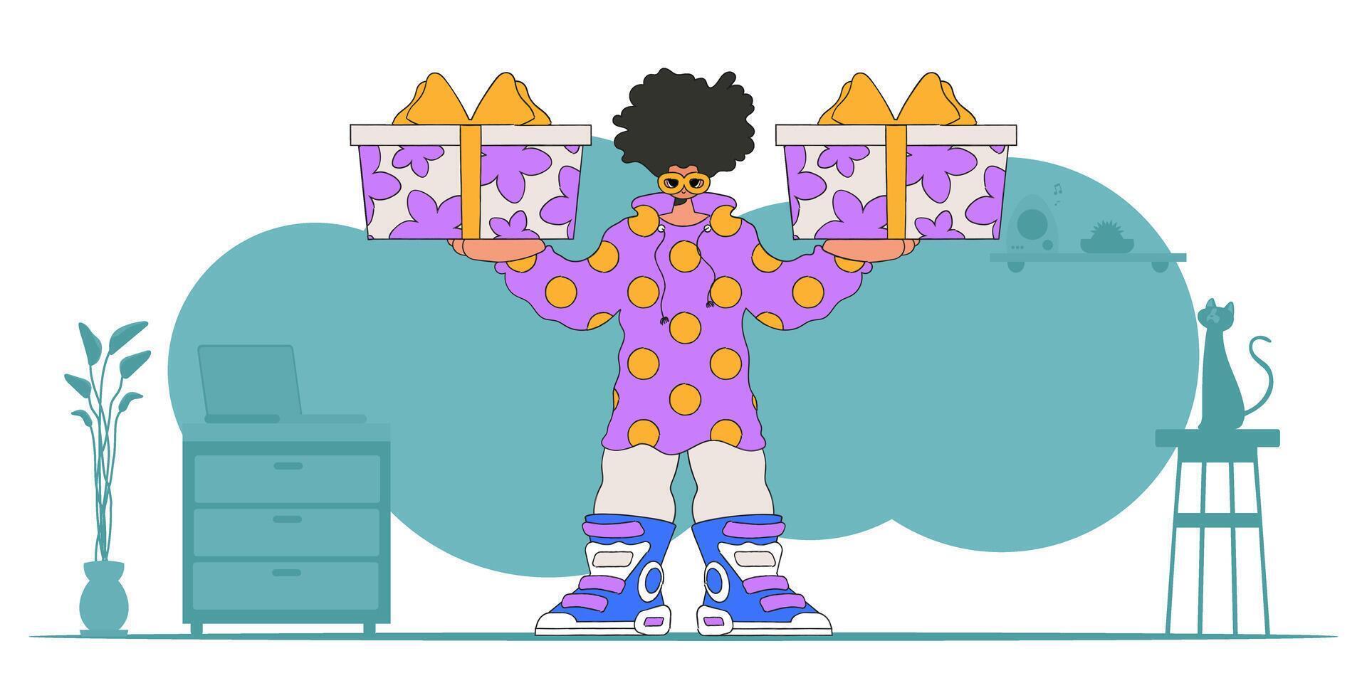 The concept of the holiday and gifts. The guy is holding gifts. Bright character in the style of the 80s and 90s. vector