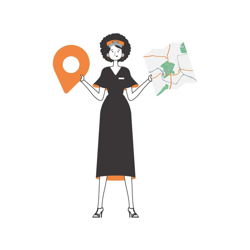 The girl is holding a map. Delivery concept. Linear modern style. Isolated, vector illustration.