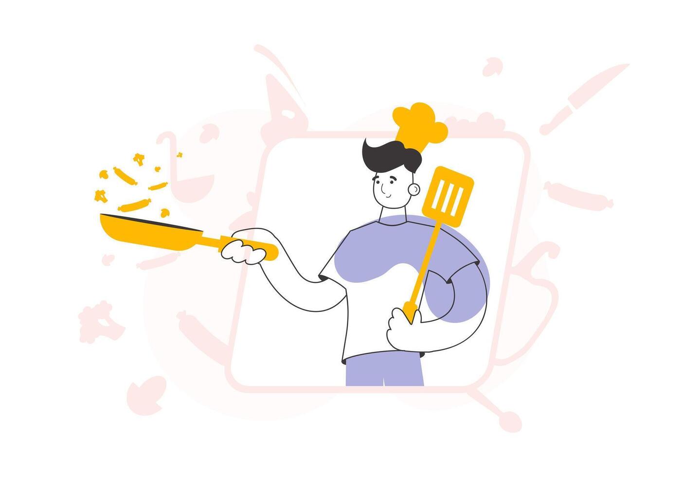 The guy cook is holding a frying pan. Trendy style line art. . vector
