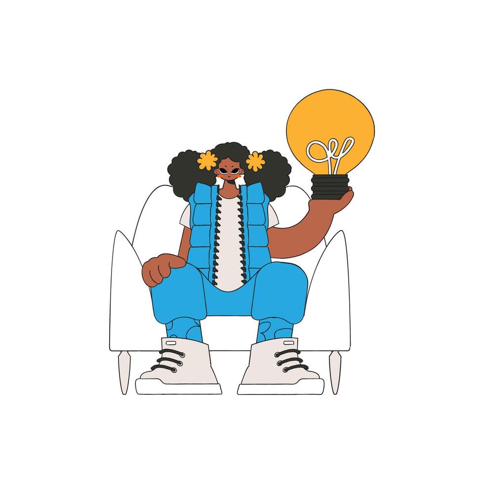 Refined woman holding a light bulb in her hands. Idea theme. vector