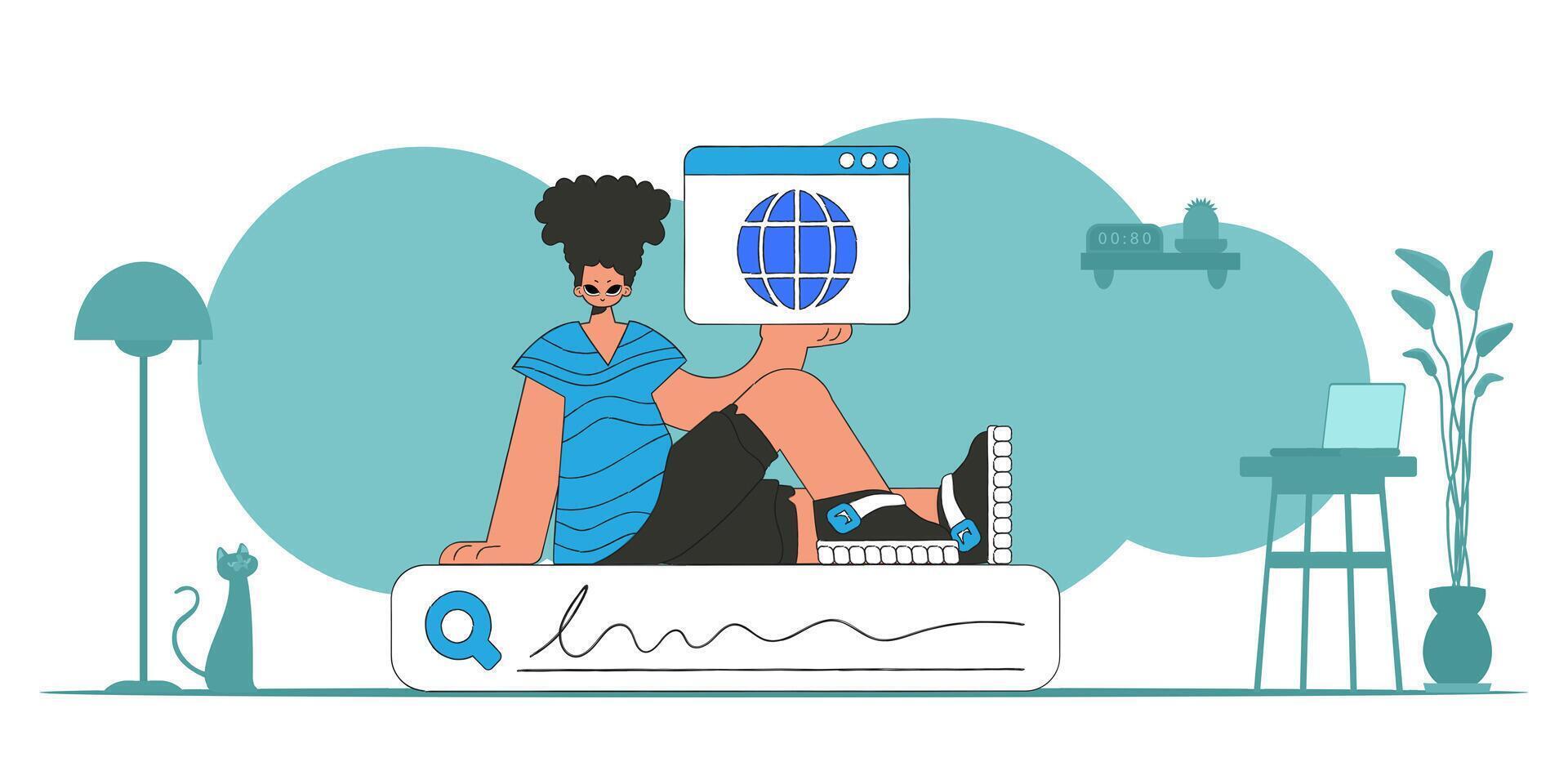 The concept of searching for information. A man sits on a search bar and holds a browser window in his hands. Linear retro style character. vector