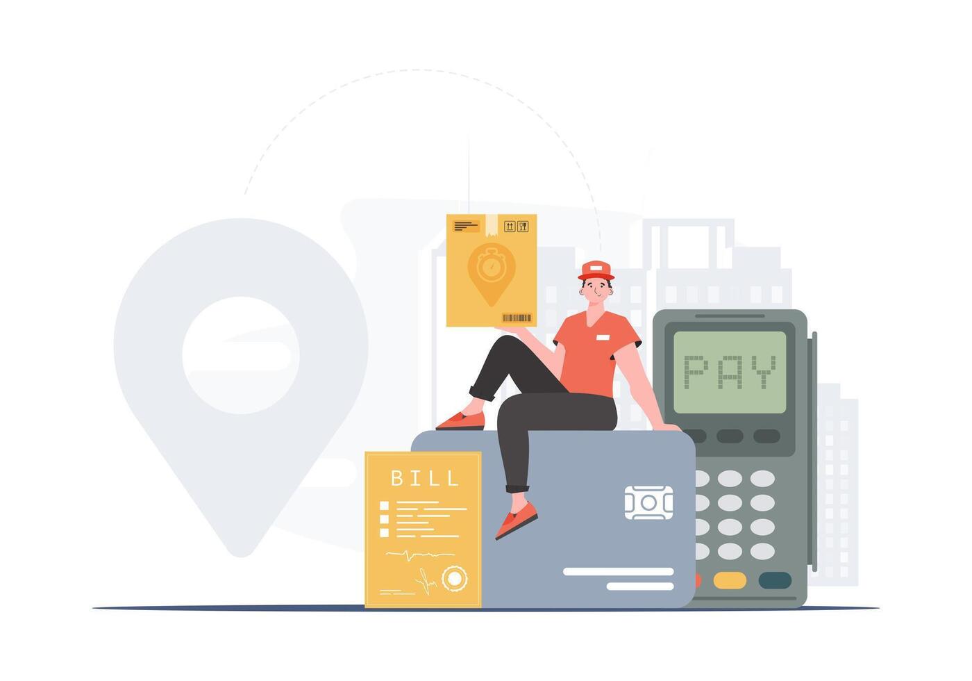 Home delivery concept. A male courier sits on a bank card and holds a parcel. trendy style. . vector