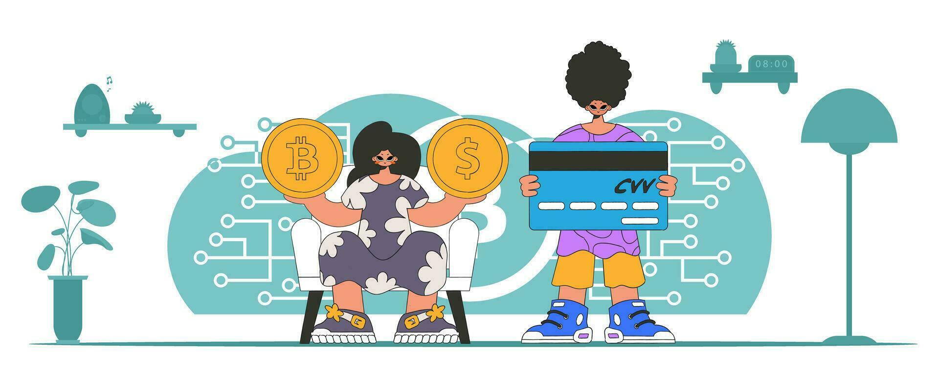 Digital money management theme. a group of people interact with crypto assets. vector