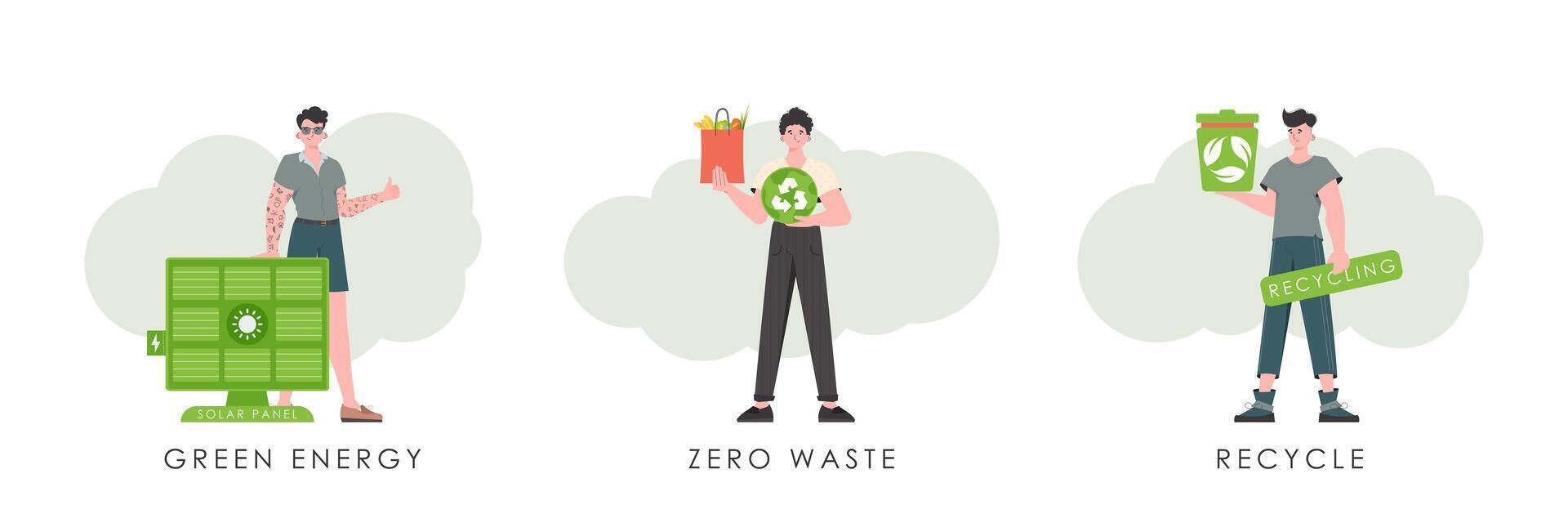 Set of guys characters on the theme of ecology. Flat fashion style. Illustration in . vector