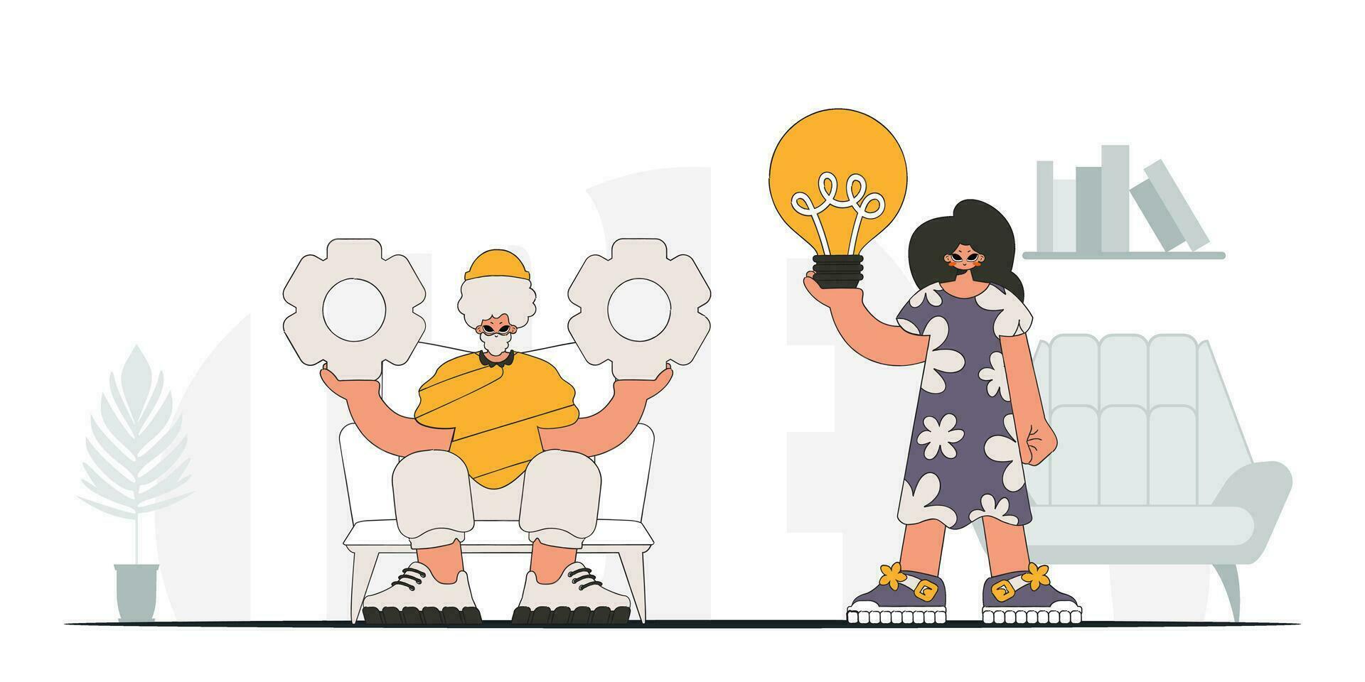 Elegant guy and girl generates ideas and solves problems. Light bulb and gears in their hands. Illustration on the theme of the appearance of an idea. vector