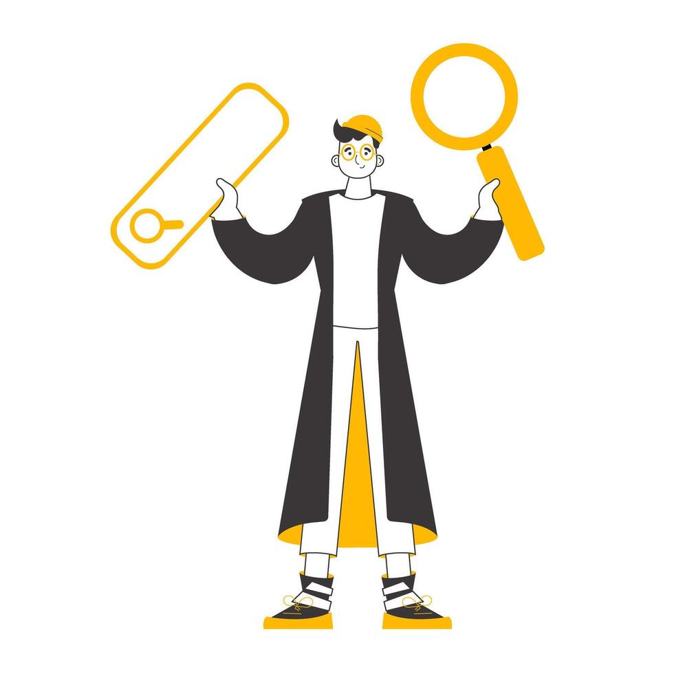 The guy is holding a magnifying glass in his hands. Search concept. Linear trendy style. Isolated on white background. illustration. vector