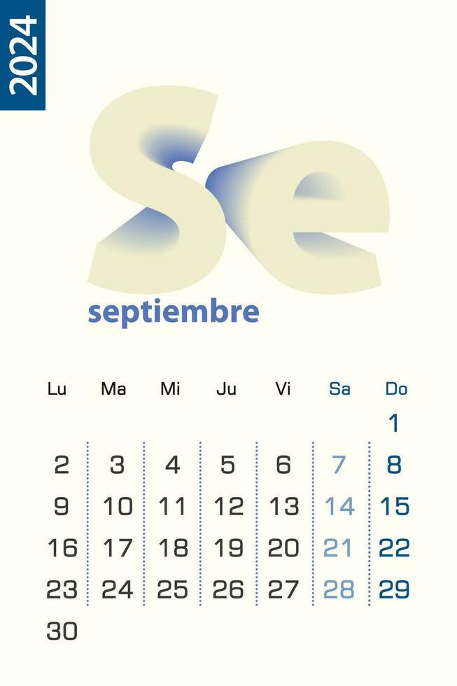 minimalista calendario modelo para septiembre 2024, vector calendario en Español idioma.