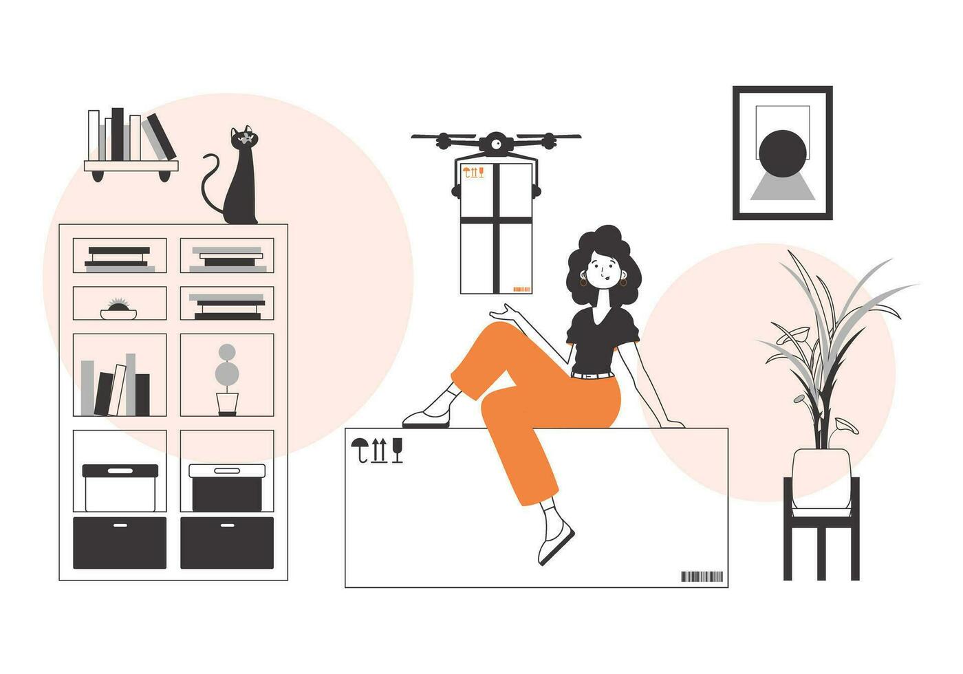 The girl sends a parcel with a drone. The concept of cargo delivery by air. Minimalistic linear style. vector