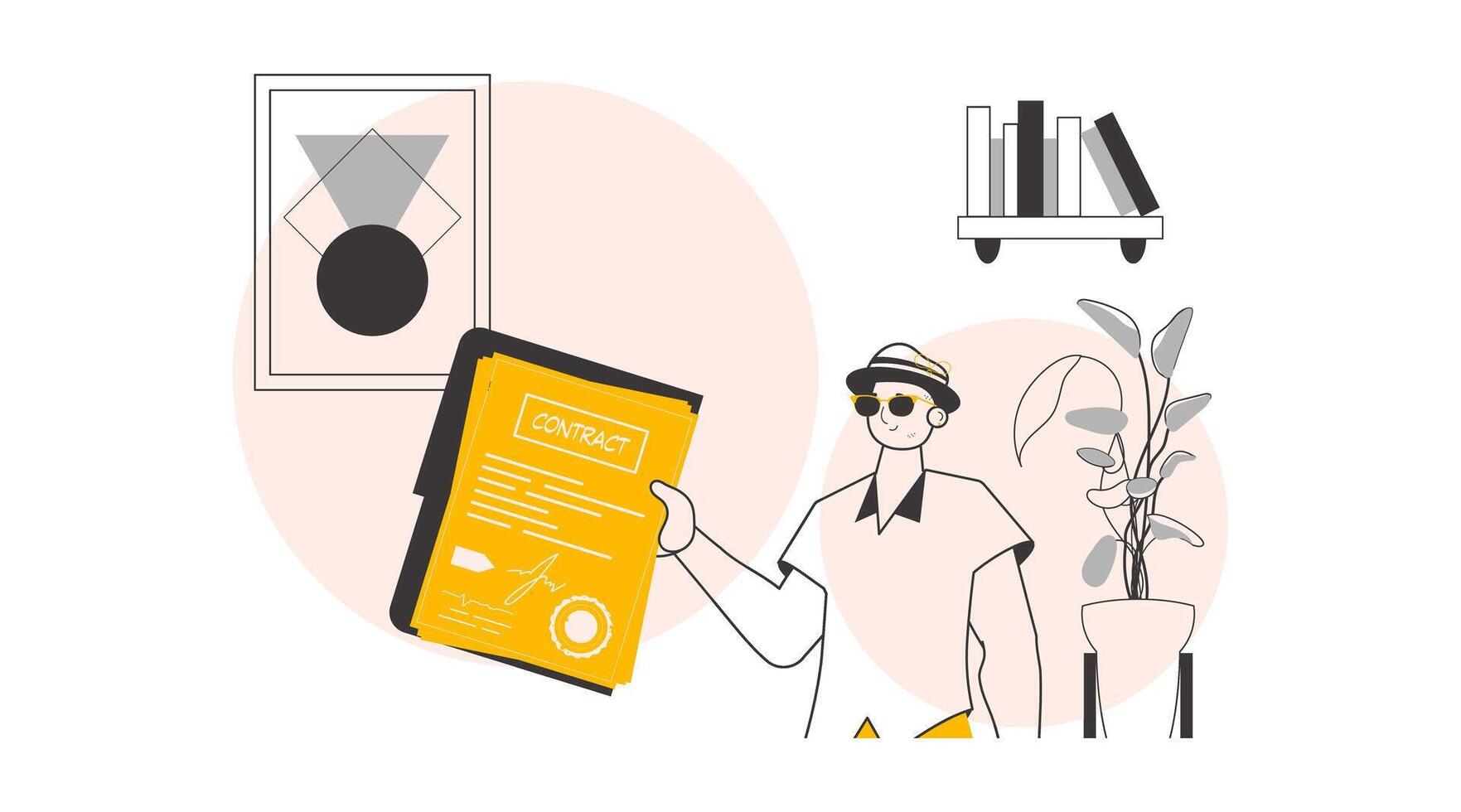 The guy is holding a contract in his hands. Modern linear style. illustration. vector