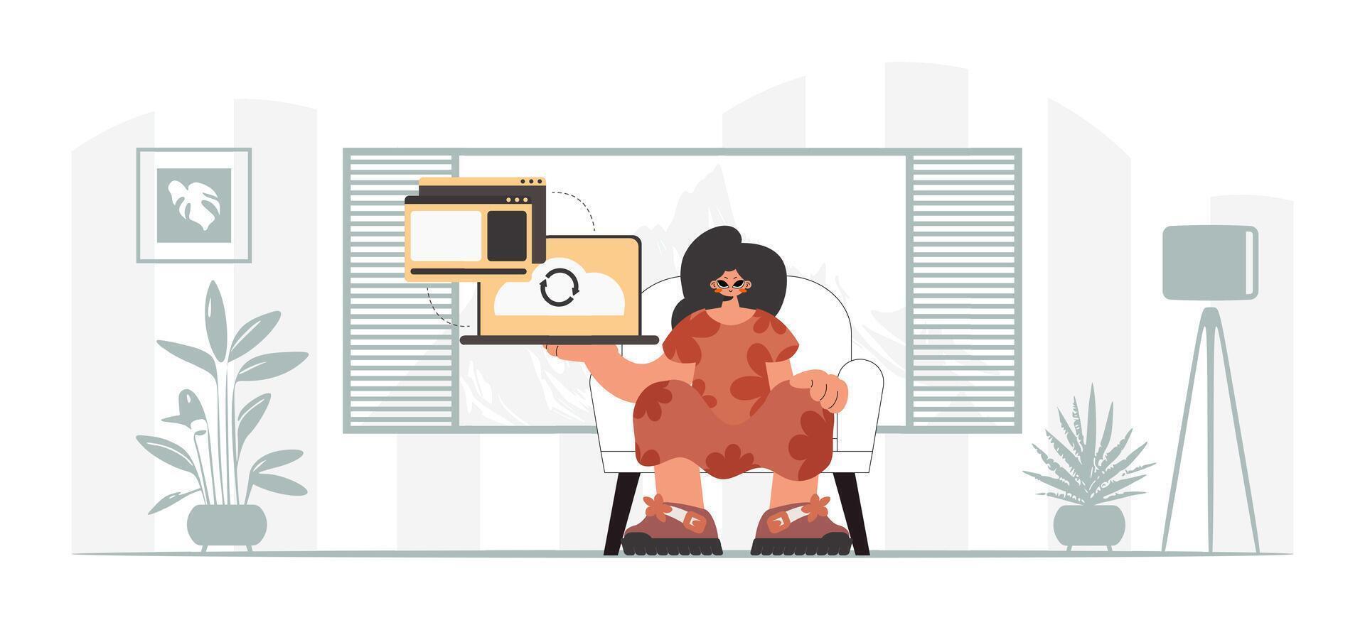 A woman is sitting in front of a computer screen vector