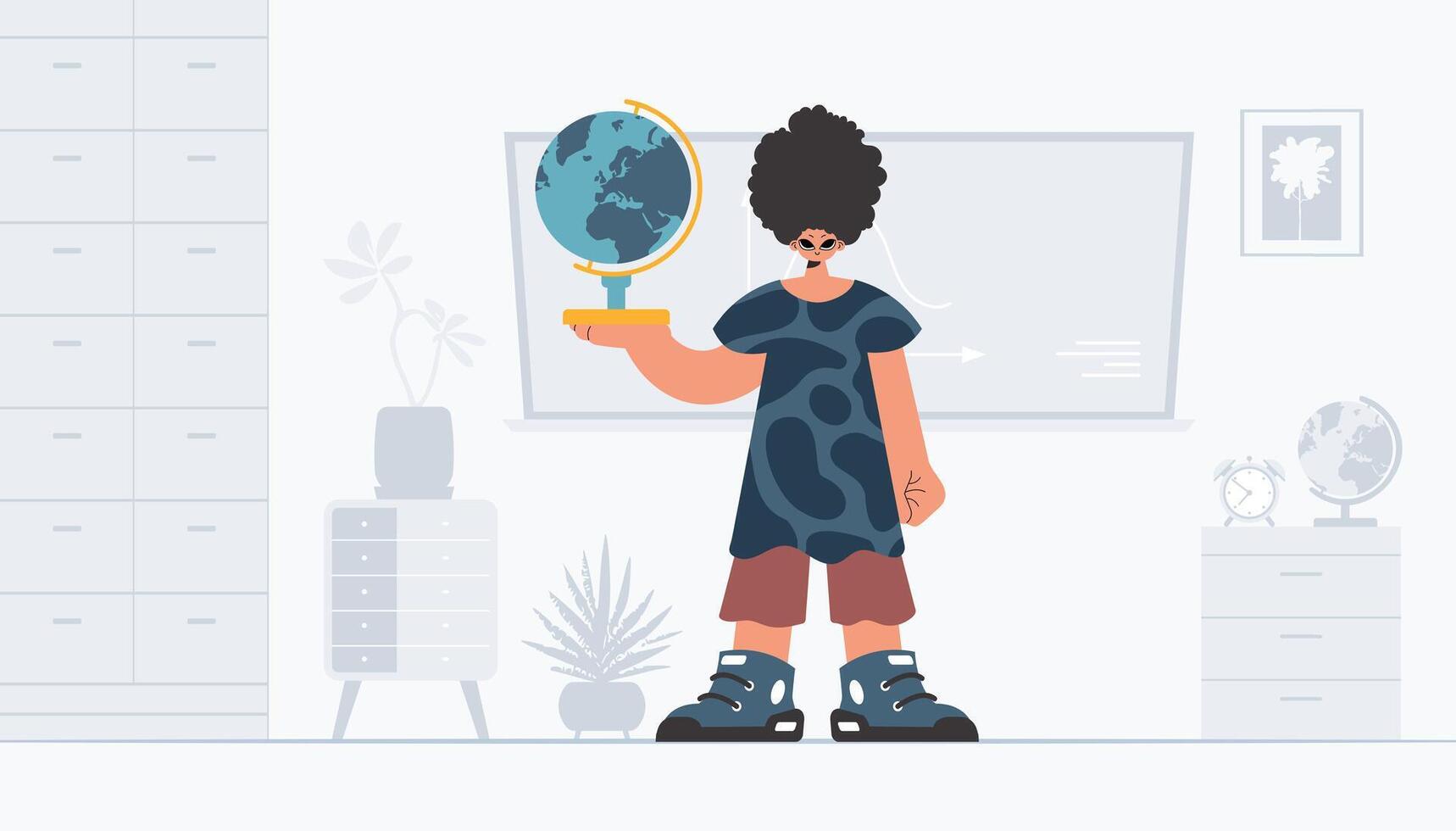 A cartoon character holding a globe in front of a desk vector
