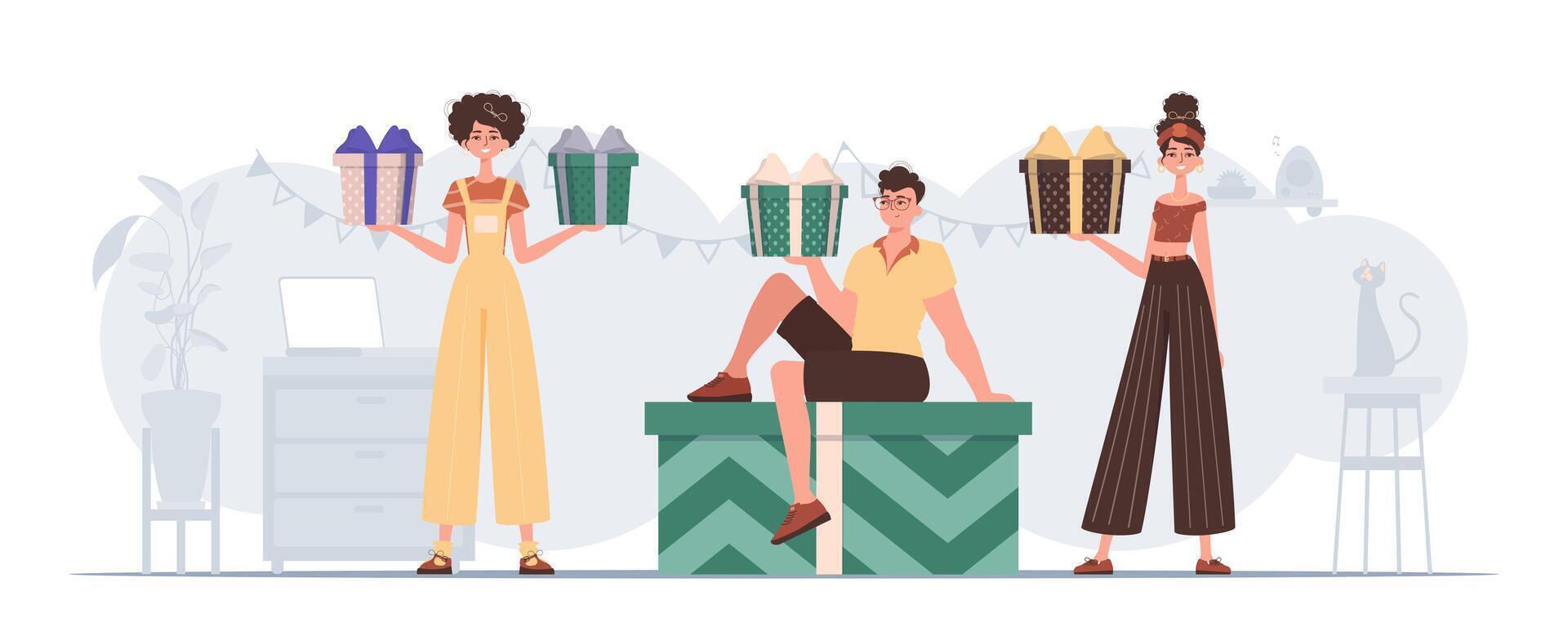 A group of people is holding a gift box in their hands. Modern flat illustration. vector