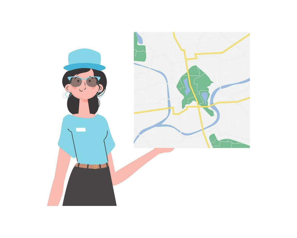 The girl is holding a map. Cartoon style character is depicted to the waist. Isolated. Vector. vector