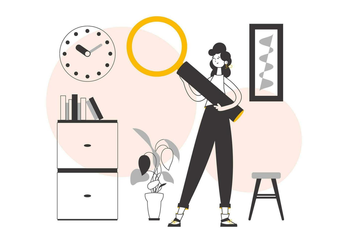 un mujer sostiene un aumentador vaso en su manos. moderno lineal estilo. vector ilustración.